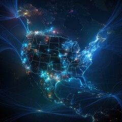 Data Streams Across America - Create a conceptual visualization that illustrates the flow of digital information across North America