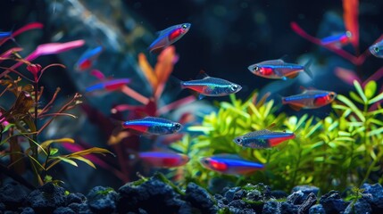 Fototapeta na wymiar group of neon tetras adding bursts of color to a well-decorated aquarium landscape