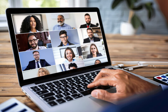 Virtual meeting online. Video conference by laptop. Online business meeting. On the laptop screen, people who gathered in a video conference to work on-line
