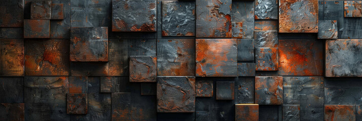 Dark abstract metal blocks with orange rust textures background, dark gold orange square block wall background	
