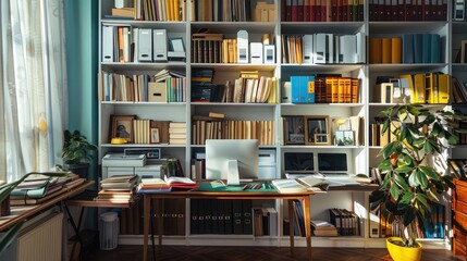 home workspace with shelves filled with books and files, reflecting an organized approach to remote work - Powered by Adobe