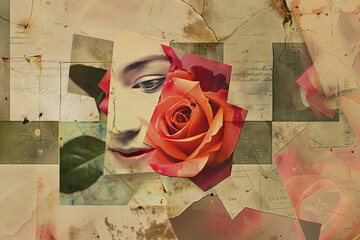 Surreal Collage Portrait with Rose and Vintage Papers