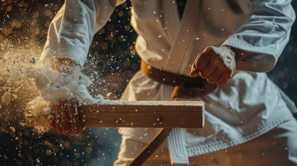 Fotobehang karate practitioner breaking a board with a powerful strike, showcasing strength and discipline © buraratn