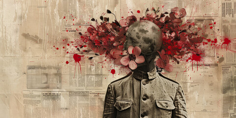 Surreal Vintage Collage of Soldier with Floral Explosion - obrazy, fototapety, plakaty