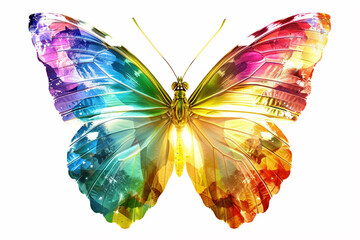 A captivating butterfly emblem, its iridescent wings radiating with a burst of colors against a solid white backdrop.