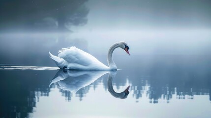 majestic swan gracefully gliding across a tranquil lake, its reflection mirrored in the calm waters - obrazy, fototapety, plakaty