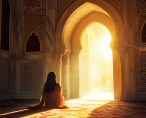 Young muslim woman praying in the mosque and sunlight falling from the window