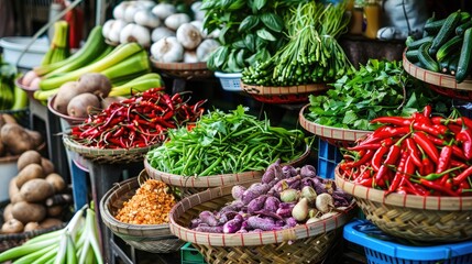 market stall filled with fresh herbs, spices, and exotic ingredients used in Thai cooking, highlighting the vibrant and aromatic elements of Thai cuisine. - obrazy, fototapety, plakaty