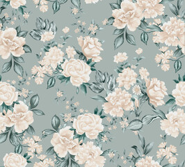 Watercolor flowers pattern, white tropical elements, green leaves, blue background, seamless