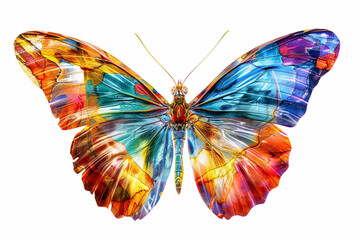 A captivating butterfly emblem, its iridescent wings radiating with a burst of colors against a solid white canvas.