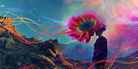 Surreal Landscape with Giant Flower and Abstract Elements