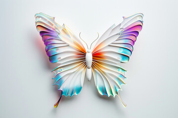 A captivating butterfly emblem, its iridescent wings radiating with a burst of colors against a solid white canvas.