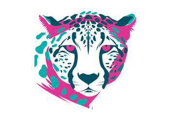 A captivating cheetah face icon with a vibrant color palette of teal and magenta, featuring bold and clean lines that accentuate its elegance. Isolated on a white background.