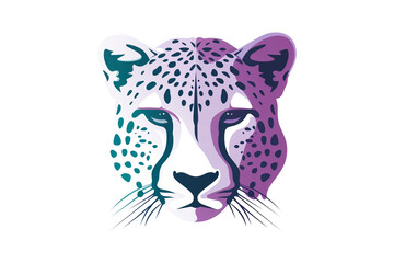 A captivating cheetah face icon with a striking blend of purple and teal colors. Clean lines accentuate its sleekness. Isolated on white background.