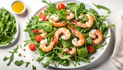 Arugula salad with prawn shrimp on white background. top view
