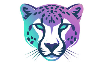 A captivating cheetah face icon with a striking blend of purple and teal colors. Clean lines accentuate its sleekness. Isolated on white background.