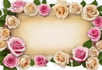 Blank parchment paper bordered by pink roses