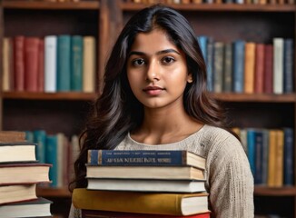  Portrait of a young Indian student sitting in a library