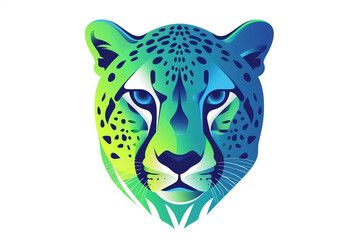 A captivating cheetah face icon with vibrant shades of electric blue and neon green, showcasing its sleekness through clean and modern lines. Isolated on a white background.