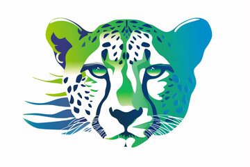 A captivating cheetah face icon with vibrant shades of electric blue and neon green, showcasing its sleekness through clean and modern lines. Isolated on a white background.