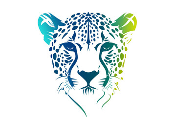 A captivating cheetah face icon with vibrant shades of electric blue and neon green, showcasing its sleekness through clean and modern lines. Isolated on a white background.