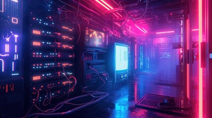 A cyberpunk-style server room with glowing neon lights and intricate wiring