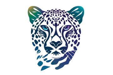 A captivating cheetah face icon with a vibrant color palette of indigo and emerald, showcasing its elegance through bold and clean lines. Isolated on a white background.