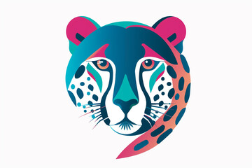 A captivating cheetah face icon with a vibrant color palette of teal and fuchsia, showcasing its elegance through clean, modern lines. Isolated on white background.