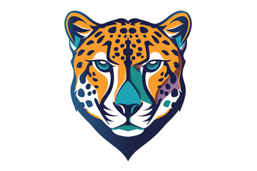A captivating cheetah face icon with a vibrant color palette of indigo and emerald, showcasing its elegance through bold and clean lines. Isolated on a white background.