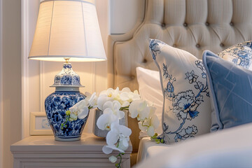 A closeup of the bedside table in an elegant bedroom features a blue and white lamp with a decorative flower vase. The bed has a beige headboard and soft lighting from the window.