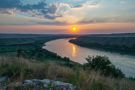 Sunset over the Dniester River. Evening in the National Nature Park Podolskie Tovtry
