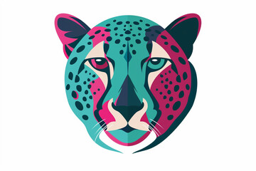 A captivating cheetah face icon with a vibrant color palette of teal and fuchsia, showcasing its elegance through bold and clean lines. Isolated on a white background.