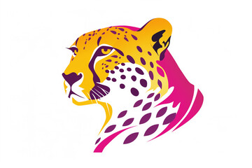 A captivating cheetah face icon with a vibrant color palette of magenta and lime, showcasing its elegance through clean, modern lines. Isolated on white background.