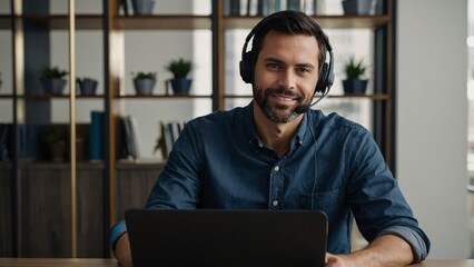 Customer Service Agent, working on computer sitting at desk in office wearing a headset doing customer support over the phone