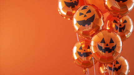 Halloween background with foil balloons on orange, copy space. Traditional fall symbol. Shiny Halloween balloons with jack-o-lantern faces, orange background. Festive balloons, spooky pumpkin faces