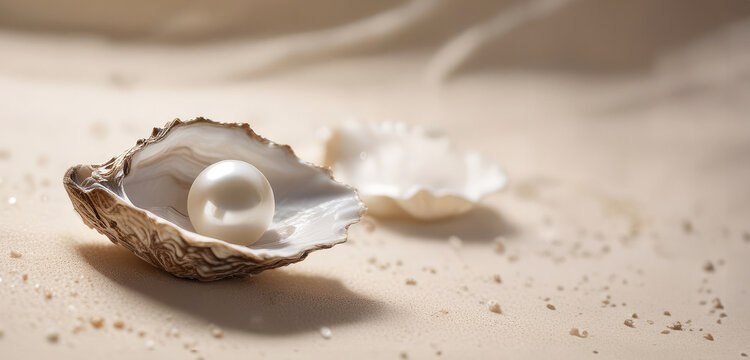 Banner pearl in oyster shell on white sand with space for text, natural light. Concept jewelry, ocean treasures, gemstones, beauty care