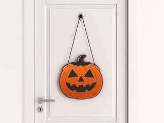Halloween door decoration with orange pumpkin on modern white door. Contemporary home with pumpkin door hanger, Halloween design. Jack-o'-lantern decor on a sleek door, Halloween minimalist style