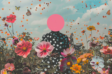 Surreal Portrait of Person in Polka Dot Dress Amidst Blooming Wildflowers - obrazy, fototapety, plakaty