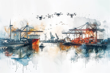 Watercolor painting of a port with cranes, ships and containers. Surrounded by flying drones.