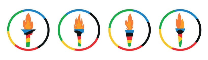Set of burning torches with flame in round frame. Symbol of competition victory, champion. Sticker, label, clip art, design element. Winter games 2025