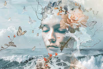 Dreamlike Portrait of Woman with Floral and Ocean Elements - Powered by Adobe