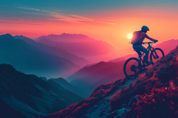 Determined cyclist with protective gear vigorously ascends a rocky mountain trail under a vivid blue sky