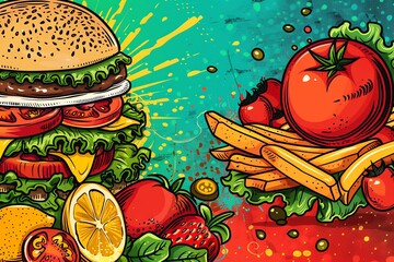 Pop art food illustration, copyspace above, cartoonish style, vibrant palette, side lighting