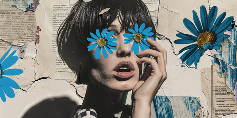 Surreal Collage of Woman with Blue Flowers and Vintage Newspapers