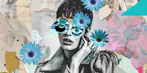Collage Artwork of Woman with Floral Eyewear Abstract Design