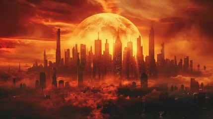 Poster Dystopian city skyline silhouetted against a fiery sunset © Sasint