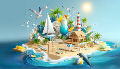 Summer beach concept design. Summer beach party text in surfboard element with floaters, leaves and miniature island for tropical holiday decoration. 3d illustration.