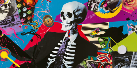 Vibrant Pop Art Collage with Skeleton Motif in Suit