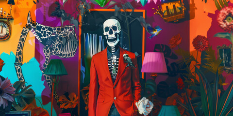 Fototapeta na wymiar Vibrant Surreal Skeleton in Red Suit at Eclectic Party