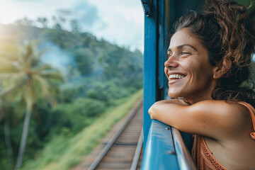 Happy smiling woman looks out from window traveling by train on most picturesque train road in Sri...